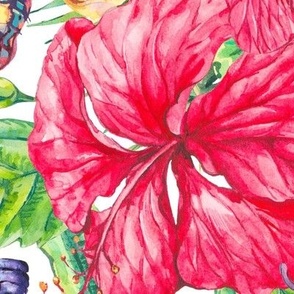 Watercolor red hibiscus and tropical butterflies on white - L