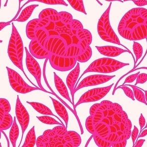Red and hot pink peonies on cream Large scale