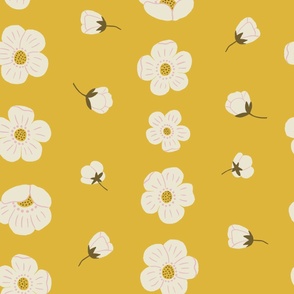 (L) Cream Buttercups Stripe - Cottagecore cream and pink flower blooms on a mustard yellow background