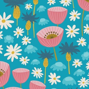 (L) Wildflower Meadow - Bold Springtime Floral with Blue Cornflowers, Pink Poppies, daisies and bees on a Sky Blue Background