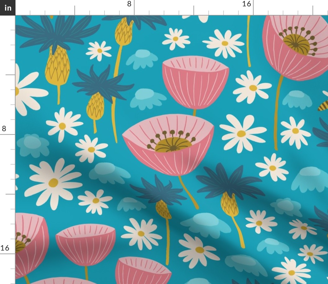 (L) Wildflower Meadow - Bold Springtime Floral with Blue Cornflowers, Pink Poppies, daisies and bees on a Sky Blue Background