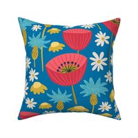 (L) Wildflower Meadow - Bold Summertime Floral with Blue Cornflowers, Red Poppies, daisies and bees on a Blue Background