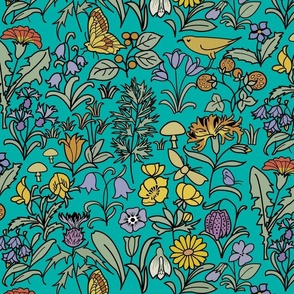 Voysey Garden with Buttercups, Butterflies, Mushrooms on Teal