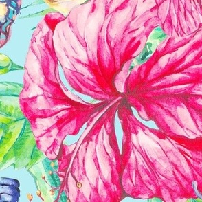 Watercolor red hibiscus and tropical butterflies on blue - L