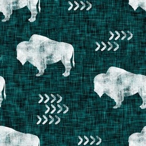 distressed buffalo on teal green  linen - LAD24