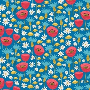 (M) Wildflower Meadow - Bold Springtime Floral with Blue Cornflowers, Red Poppies, Daisies  and Bees on a Mid Blue Background