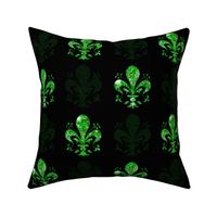 3" New Orleans Green Swirl Fancy Fleur de Lis -- Black and Green Fleur de Lis -- Green and Black Mardi Gras Coordinate -- Green Faux Glitter, Glitter Print, Simulated Green Glitter Fleur de Lis -- 8.33in x 8.33in repeat -- 150dpi (Full Scale)
