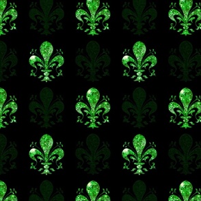 3" New Orleans Green Swirl Fancy Fleur de Lis -- Black and Green Fleur de Lis -- Green and Black Mardi Gras Coordinate -- Green Faux Glitter, Glitter Print, Simulated Green Glitter Fleur de Lis -- 8.33in x 8.33in repeat -- 150dpi (Full Scale)