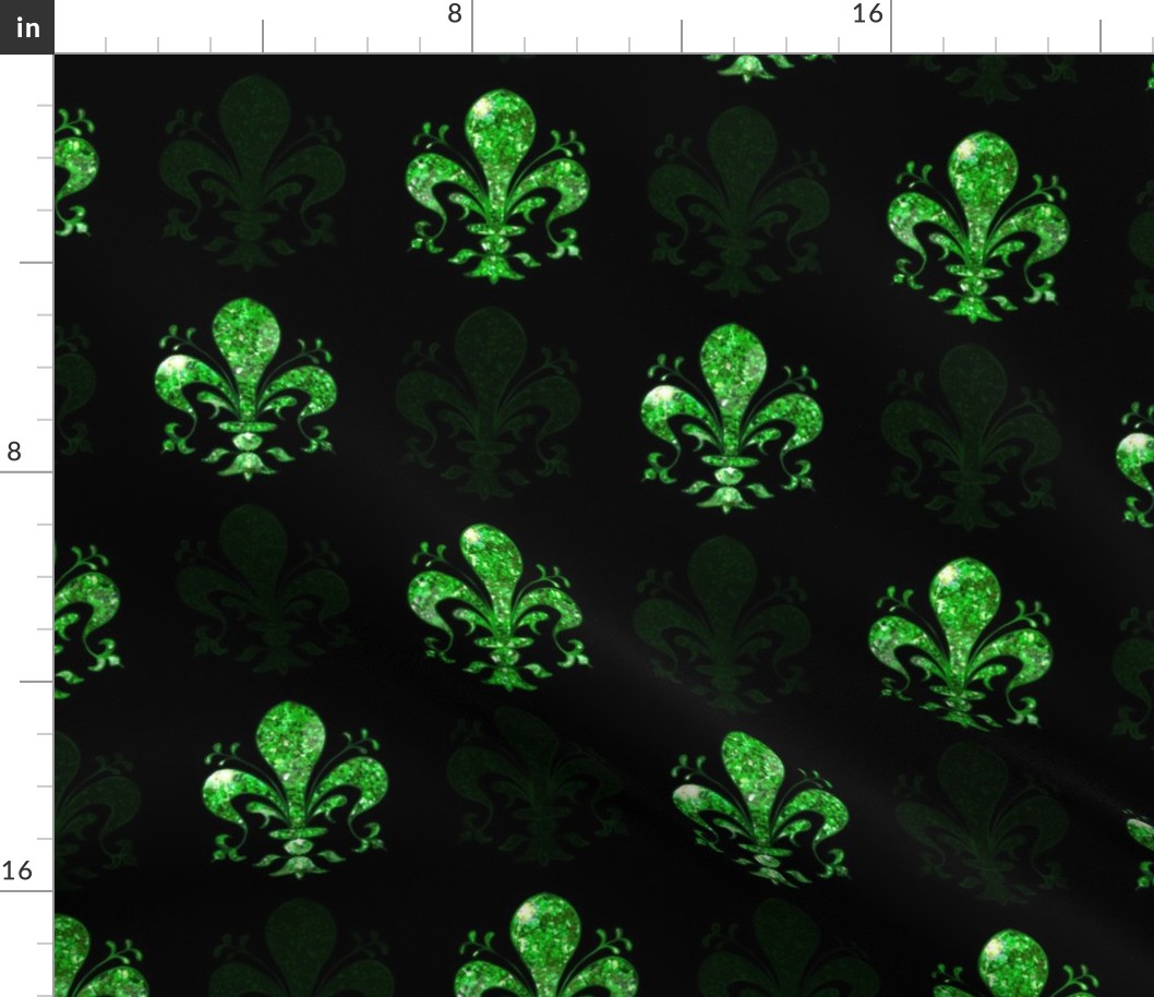 3" New Orleans Green Swirl Fancy Fleur de Lis -- Black and Green Fleur de Lis -- Green and Black Mardi Gras Coordinate -- Green Faux Glitter, Glitter Print, Simulated Green Glitter Fleur de Lis -- 8.33in x 8.33in repeat -- 150dpi (Full Scale)