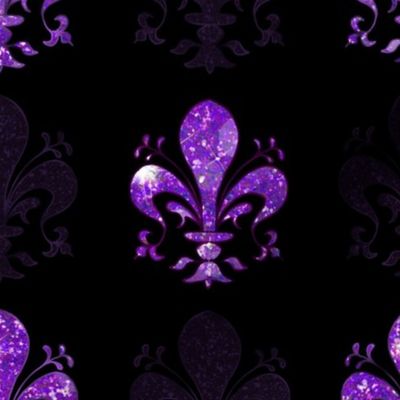 3" New Orleans Purple Swirl Fancy Fleur de Lis -- Black and Purple Fleur de Lis -- Purple and Black Mardi Gras Coordinate -- Purple Faux Glitter, Glitter Print, Simulated Purple Glitter Fleur de Lis -- 8.33in x 8.33in repeat -- 150dpi (Full Scale)