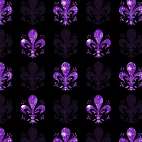 3" New Orleans Purple Swirl Fancy Fleur de Lis -- Black and Purple Fleur de Lis -- Purple and Black Mardi Gras Coordinate -- Purple Faux Glitter, Glitter Print, Simulated Purple Glitter Fleur de Lis -- 8.33in x 8.33in repeat -- 150dpi (Full Scale)