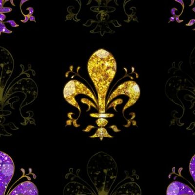 3" Nolo's Deuce Gold and Purple --  Swirl Fancy Fleur de Lis -- Black, Purple and Gold Fleur de Lis -- Purple, Gold and Black Mardi Gras Coordinate -- Purple, Gold Faux Glitter Print Fleur de Lis -- 8.33in x 8.33in repeat -- 150dpi (Full Scale)