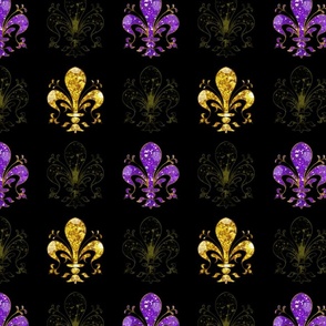 3" Nolo's Deuce Gold and Purple --  Swirl Fancy Fleur de Lis -- Black, Purple and Gold Fleur de Lis -- Purple, Gold and Black Mardi Gras Coordinate -- Purple, Gold Faux Glitter Print Fleur de Lis -- 8.33in x 8.33in repeat -- 150dpi (Full Scale)