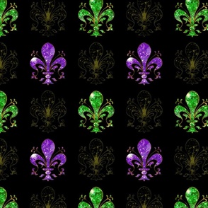 3" Nolo's Deuce Purple and Green -- Swirl Fancy Fleur de Lis - Purple and Green Fleur de Lis -- Purple, Green and Black Mardi Gras -- Purple, Green Faux Glitter, Glitter Print, Simulated Glitter Fleur de Lis - 8.33in x 8.33in repeat -- 150dpi (Full Scale)