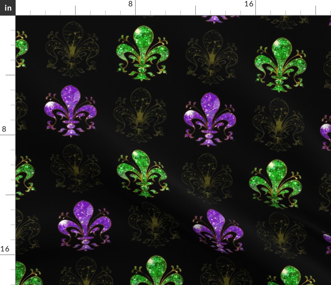 3" Nolo's Deuce Purple and Green -- Swirl Fancy Fleur de Lis - Purple and Green Fleur de Lis -- Purple, Green and Black Mardi Gras -- Purple, Green Faux Glitter, Glitter Print, Simulated Glitter Fleur de Lis - 8.33in x 8.33in repeat -- 150dpi (Full Scale)
