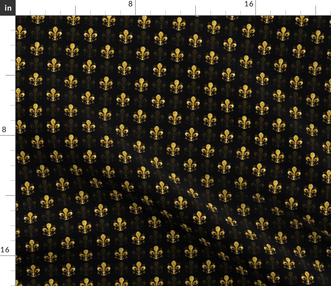 Tiny 1" New Orleans Gold Swirl Fancy Fleur de Lis - Black and Gold Fleur de Lis - Gold and Black Mardi Gras Coordinate -- New Orleans Gold -- Faux Glitter Print, Simulated Gold Glitter Fleur de Lis - 2.08in x 2.08in repeat -- 600dpi (25% of Full Scale)