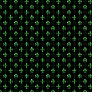 Tiny 1" New Orleans Green Swirl Fancy Fleur de Lis -- Black and Green Fleur de Lis -- Green and Black Mardi Gras Coordinate -- Green Faux Glitter, Glitter Print, Simulated Green Glitter Fleur de Lis -- 2.08in x 2.08in repeat -- 600dpi (25% of Full Scale)