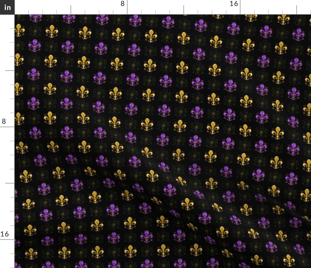 Tiny 1" Nolo's Deuce Gold and Purple --  Swirl Fancy Fleur de Lis -- Black, Purple and Gold Fleur de Lis -- Purple, Gold and Black Mardi Gras Coordinate -- Purple, Gold Faux Glitter Print Fleur de Lis -- 2.08in x 2.08in repeat -- (25% of Full Scale)