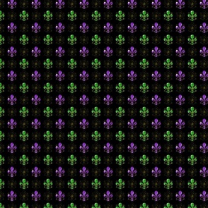Tiny 1" Nolo's Deuce Purple and Green -- Swirl Fancy Fleur de Lis -- Purple and Green Fleur de Lis -- Purple, Green, Black Mardi Gras -- Purple, Green Faux Glitter Print, Simulated Glitter Fleur de Lis -- 2.08in x 2.08in repeat -- 600dpi (25% of Full Scal