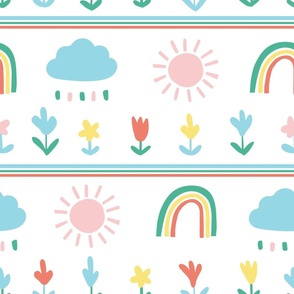 Large - Happy Skies - Forecast - Sunny Partly Cloudy - Partly Rainbows - Kids Fabric - Color Confident - Kids Home Decor - White