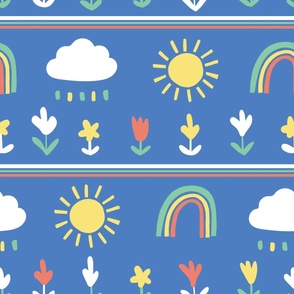 Large - Happy Skies - Forecast - Sunny Partly Cloudy - Partly Rainbows - Kids Fabric - Color Confident - Kids Home Decor - Blue