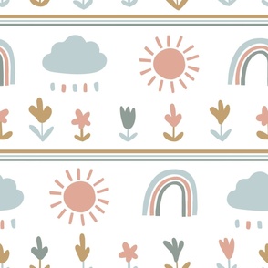 Large - Happy Skies - Forecast - Sunny Partly Cloudy - Partly Rainbows - Kids Fabric - Neutral Nursery Wallpaper - Kids Home Decor