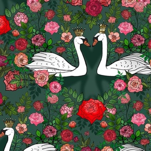 Garden of the Swans King and Queen (Dark Emerald Green large scale)