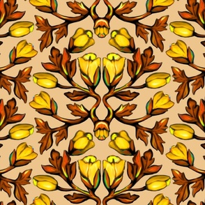 Yellow Tulips and Acanthus Leaves Damask in Autumn Colors