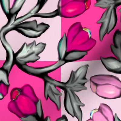 Pink Tulips and Acanthus on Checkerboard