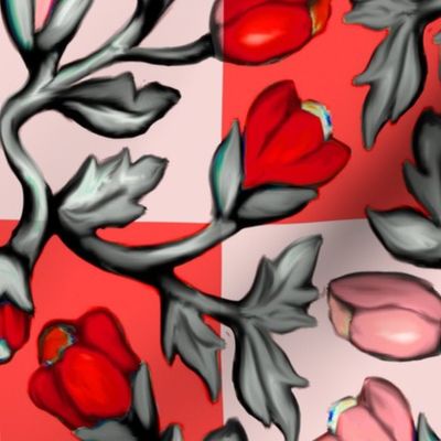 Red Tulips and Acanthus on Checkerboard