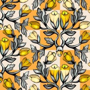 Yellow Tulips and Acanthus on Checkerboard