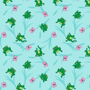 Hand Drawn Tossed Frogs and Butterflies in Green, Pink and Blue - Large Scale