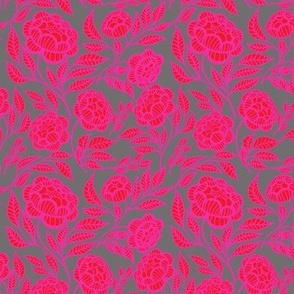 Red and hot pink peonies on grey Small scale
