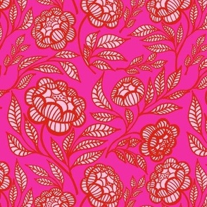 Red and light pink peonies on hot pink Medium scale