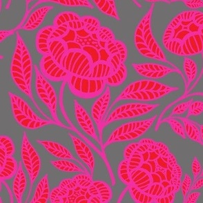 Red and hot pink peonies on grey Large scale