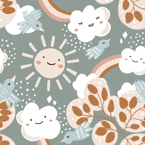 Large - Happy Skies - Sun and Clouds and Rainbows - Up in the Sky - Neutral Nursery - Sage Green