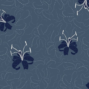 Indigo Lillies and Embroidered Clouds in slate blue 