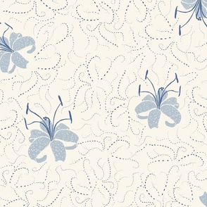 Indigo Lillies and Embroidered Clouds in cream and light blue