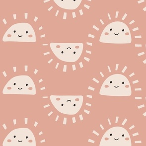 Large Happy Skies - Hello Sunshine - Terracotta - Rust Pink - Smiling Sunshine - Kids Home Decor Wallpaper