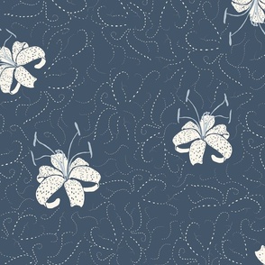 Indigo Lillies and Embroidered Clouds in Charcoal and Cream