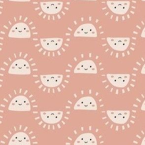 Micro Small Happy Skies - Hello Sunshine - Terracotta - Rust Pink - Smiling Sunshine - Kids Home Decor Wallpaper