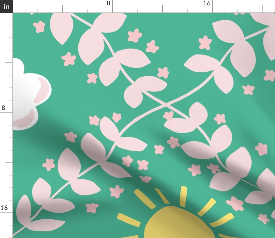 Large - Happy Skies - Look Up  - Through the Branches - Sun and Clouds - Earthy - Color Confident Nursery - Green Yellow Pink White