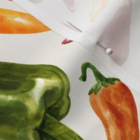 Green, Yellow and Red Sweet Peppers and Chili Peppers, Realistic Painting on Off White Background, Large Scale