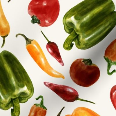 Green, Yellow and Red Sweet Peppers and Chili Peppers, Realistic Painting on Off White Background, Large Scale