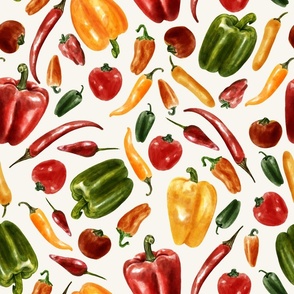 Green, Yellow and Red Sweet Peppers and Chili Peppers, Realistic Painting on Off White Background, Large Scale