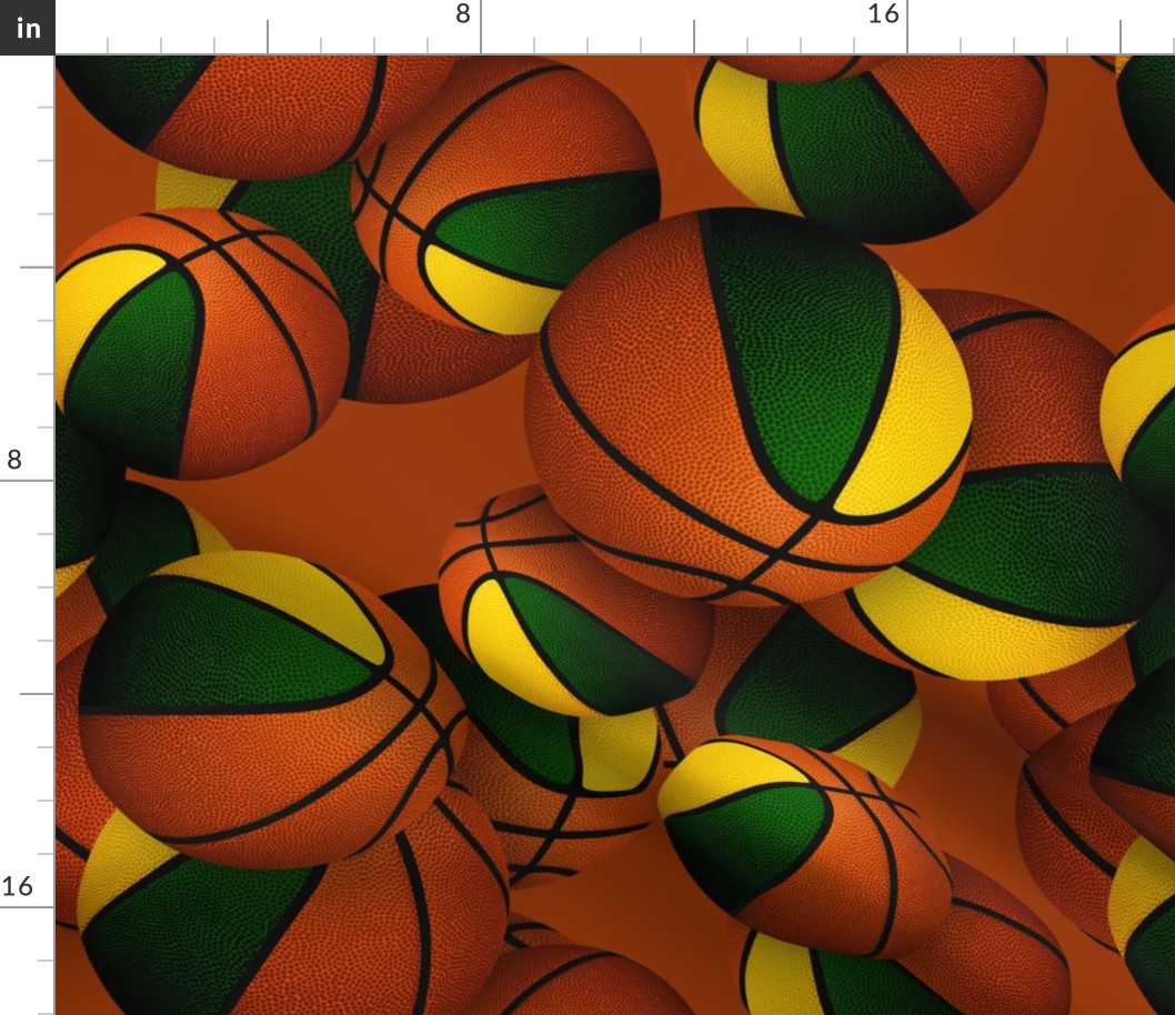 green gold sports team colors basketballs pattern on orange background