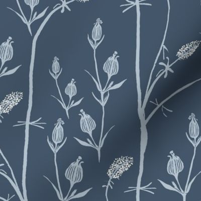 Indigo block-print marsh grass and seedpods  in Gray and Blue