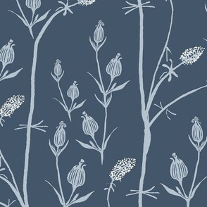 Indigo block-print marsh grass and seedpods  in Gray and Blue