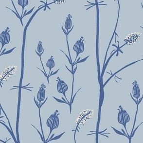 Indigo block print ornamental grass and seedpods in Light Blue