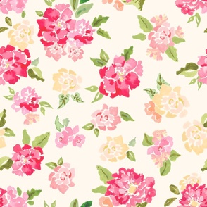 Promises in Pink WALLPAPER: Heirloom Rose Bouquet in Petal Pink, Green, Soft Yellow —  24 inch